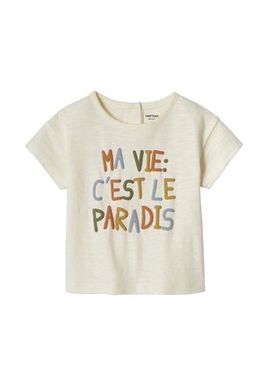 Baby-T-Shirt in Cremefarbe mit kurzen Ärmeln und mehrfarbigem Text auf der Vorderseite mit der Aufschrift "Ma vie: c'est le paradis".