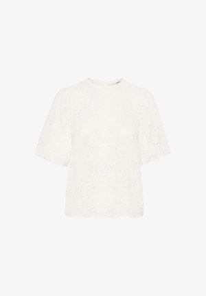 Bela čipkasta majica s kratkimi napihnjenimi rokavi, valovitim robom in okroglim izrezom, ki vsebuje nežni cvetlični vzorec po celotni tkanini.