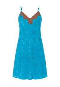 Camisón turquesa con un escote en V de encaje marrón, tirantes finos ajustables y un patrón floral en relieve sobre una tela brillante.