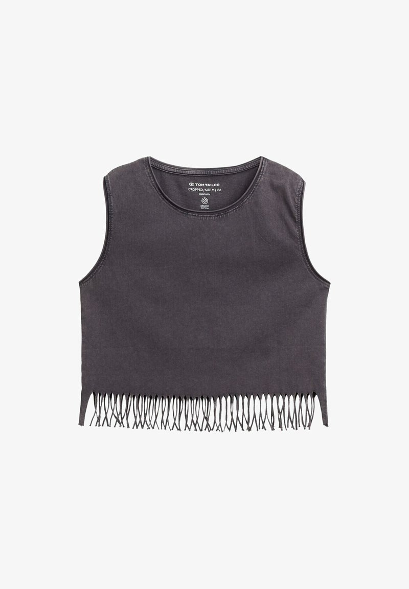 Bezramionowy, ciemnoszary top krótki z frędzlami na dole, okrągłym dekoltem oraz metką informującą o tkaninie z organicznej bawełny.