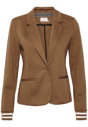 Blazer marron sur mesure avec un seul bouton, deux poches avant, revers crantés et rayures blanches sur les manches longues à poignets.