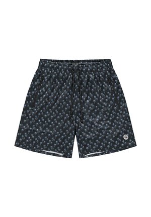 Zwarte zwembroek met een herhalend palmboommotief. Elastische tailleband met trekkoord, zijzakken en een klein logodetail.