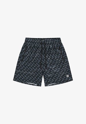 Zwarte zwembroek met een herhalend palmboommotief. Elastische tailleband met trekkoord, zijzakken en een klein logodetail.