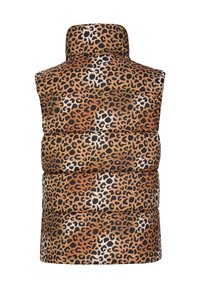 Wattierte Weste im Leopardenmuster mit hohem Kragen, warmen Braun- und Schwarztönen, glatter Textur und horizontalen Steppabschnitten.