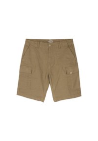 Shorts cargo en kaki en tissu mélangé de coton, dotés de deux poches latérales et de deux poches cargo, avec une fermeture à boutons à l'avant.