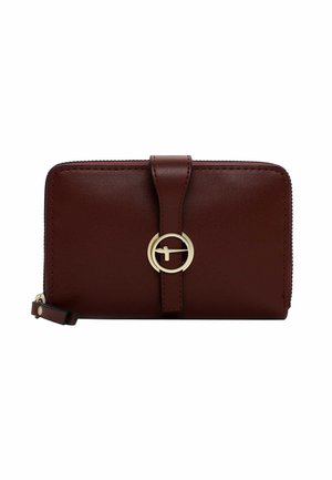 Burgundy leather wallet with a zip closure, gold circular accent, and a flap with a strap. Smooth texture and contrasting stitching details.