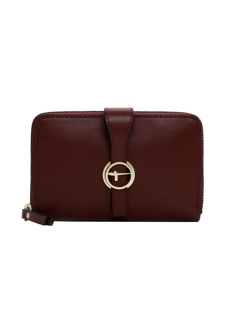 Burgundy leather wallet with a zip closure, gold circular accent, and a flap with a strap. Smooth texture and contrasting stitching details.