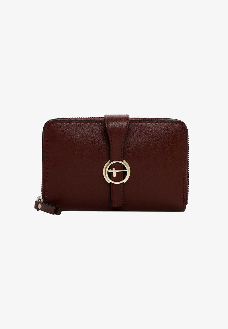 Burgundy leather wallet with a zip closure, gold circular accent, and a flap with a strap. Smooth texture and contrasting stitching details.