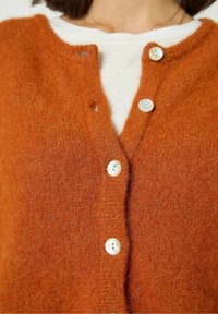 Rustika värvi kardigan pehme tekstuuriga, millel on valged ümmargused nööbid ja ümmargune kaelus. Kihtide kaupa valge särke peal.