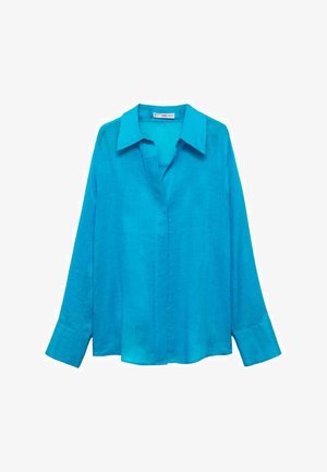 Turquoise long-sleeve shirt made of lightweight fabric; features a pointed collar and buttoned front, with loose, relaxed fit and cuffed sleeves.