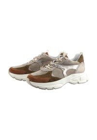 Sneakers made of mixed materials with a beige, brown, and green color scheme; features a white sole, round toe, and lace-up design.