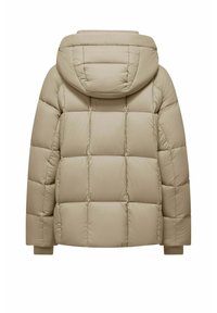 Pufferjack in lichtbeige, met een capuchon, doorgestikt ontwerp met vierkante patronen en elastische manchetten voor een goede pasvorm.