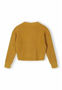 Pull cropped jaune moutarde avec une texture côtelée, des manches larges et un col rond. Présente un ourlet ajusté et un dos sans coutures.