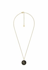 Gouden ketting met een dunne schakel en een ronde hanger met een zwarte achtergrond, sterrenbeeldsymbool en stermotieven. Verstelbare lengte.