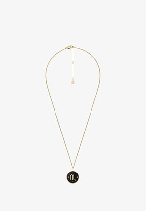 Collana in oro con catena sottile e pendente rotondo caratterizzato da uno sfondo nero, simbolo zodiacale e motivi a stelle. Lunghezza regolabile.