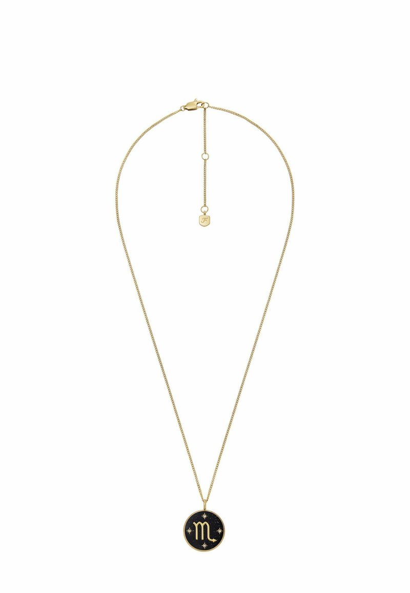 Gouden ketting met een dunne schakel en een ronde hanger met een zwarte achtergrond, sterrenbeeldsymbool en stermotieven. Verstelbare lengte.