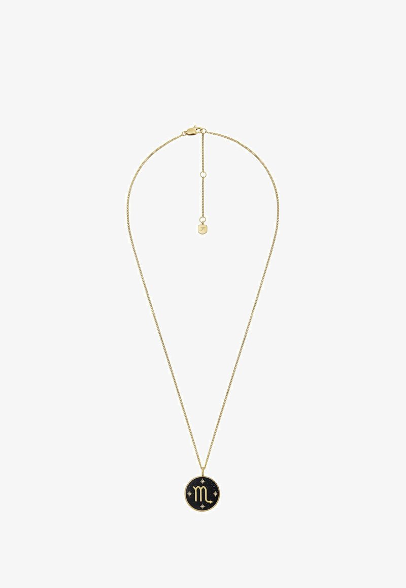 Collier en ton or avec une fine chaîne et un pendentif rond arborant un fond noir, un symbole du zodiaque et des motifs d'étoiles. Longueur ajustable.