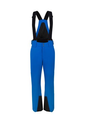 Blaue wasserdichte Latzhose mit verstellbaren schwarzen Trägern, ausgestattet mit zwei Vordertaschen und schwarzen Knöchelpatches für erhöhte Haltbarkeit.