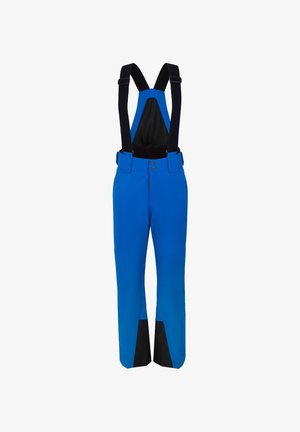 Blue waterproof bib pants with adjustable black suspenders, featuring two front buttons and black ankle patches for durability.