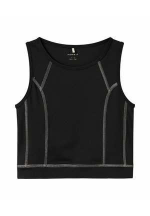 Top sportiv negru, scurt, cu gât rotund și fără mâneci. Are cusături gri contrastante de-a lungul cusăturilor și marginilor.