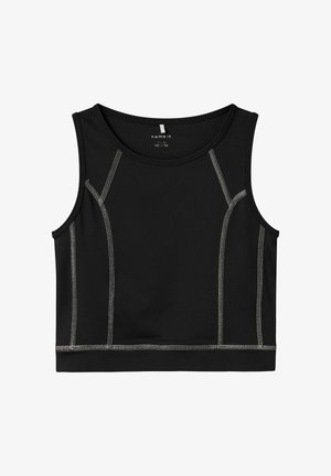 Top sportiv negru, scurt, cu gât rotund și fără mâneci. Are cusături gri contrastante de-a lungul cusăturilor și marginilor.