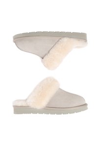 Suede slippers in light grey with a fluffy cream faux fur collar. Textured surface and durable rubber sole with a traction pattern.