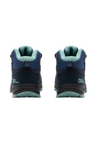 Blaue Wanderschuhe mit einem strukturierten Stoff-Obermaterial und Mesh-Futter, ausgestattet mit einer schwarzen Sohle und türkisfarbenen Akzenten an der Polsterung und dem Logo.