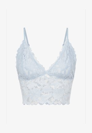 Himmelblaue Spitzenbralette mit Blumenmuster, V-Ausschnitt, verstellbaren Trägern und gewelltem Saum. Halbtransparente Textur mit zarten Details.