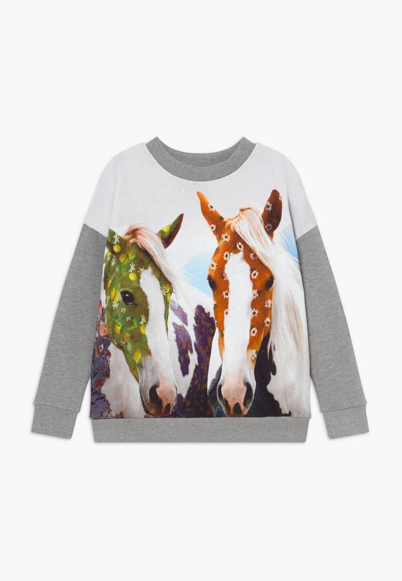 Sweat-shirt avec manches grises présentant deux chevaux, l'un avec des motifs floraux verts et l'autre avec des motifs floraux orange sur leurs visages.