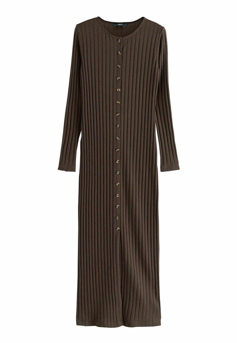 Rochie maxi ribbed maro cu mâneci lungi, decolteu rotund și închidere centrală cu nasturi, având nasturi cu un ton de aur pe toată lungimea.