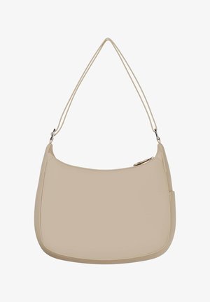 Beige Schultertasche mit einer geschwungenen Form, glattem Material, doppeltem Schulterriemen und einem Reißverschluss-Detail am oberen Ende.