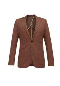 Brązowy blazer o teksturowanej powierzchni, z jednym guzikiem, klapami, dwiema przednimi kieszeniami i kontrastowym wykończeniem wnętrza.