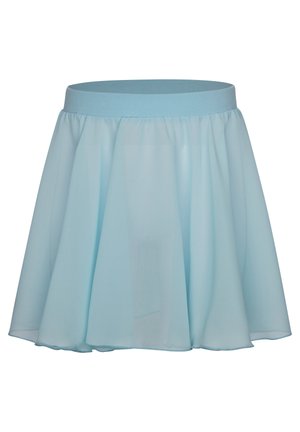 Hellblauer Tüllrock mit einem elastischen Bund. Fließendes Design, knielang, weiche Textur und transparenter Abschluss.
