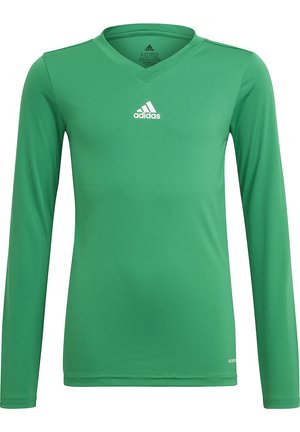 Grünes langärmliges Sporthemd aus leichtem Material mit V-Ausschnitt. Mit weißem Adidas-Logo auf der Brust. Strukturierte Oberfläche.