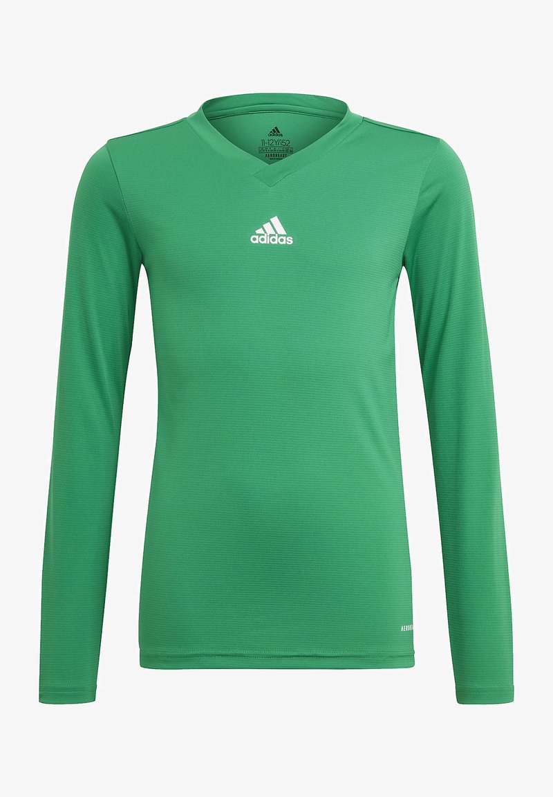 Grünes langärmliges Sporthemd aus leichtem Material mit V-Ausschnitt. Mit weißem Adidas-Logo auf der Brust. Strukturierte Oberfläche.