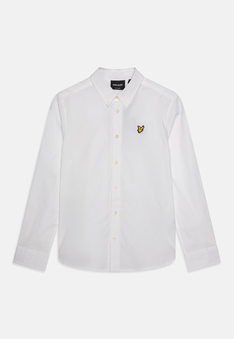 Camisa branca de manga longa com botão e colarinho clássico, com uma bordado de borboleta amarela no lado esquerdo do peito, feita de algodão.