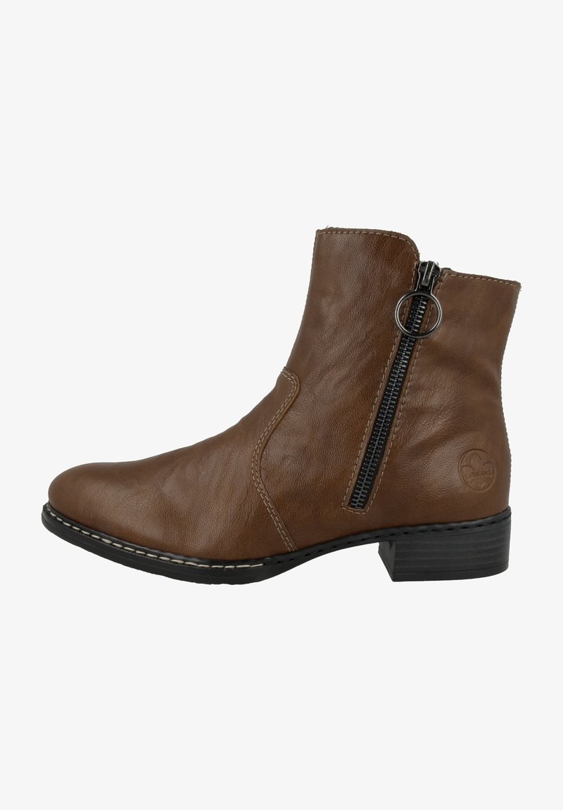 Braune Leder-Stiefelette mit runder Zehenform, seitlichem Reißverschluss, strukturierter Oberfläche und niedrigem Blockabsatz. Mit weißen Nähten und Logo-Details.