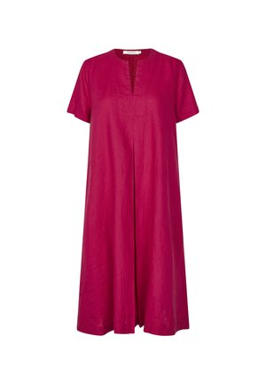 Fuchsia linnen jurk met korte mouwen, ronde halslijn en een centrale uitsnijding aan de voorkant. A-lijn silhouet met een ontspannen pasvorm en een gladde textuur.