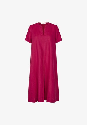 Fuchsiové lněné šaty s krátkými rukávy, kulatým výstřihem a středovým rozparkem. A-liniový silueta s volným střihem a hladkou texturou.