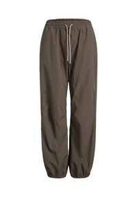 Brune, lette, vandafvisende bukser med elastisk talje og snor til justering. Tappede pasform med elastiske manchetter ved anklerne.