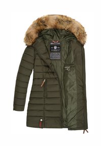 Olive green puffer coat with fur-trimmed hood, horizontal quilting, dual side pockets, zip closure, and a logo patch on the sleeve.