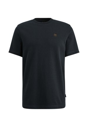 Zwart katoenen T-shirt met korte mouwen, ronde hals en een klein merkpatch op de borst. Gladde textuur en standaard pasvorm.