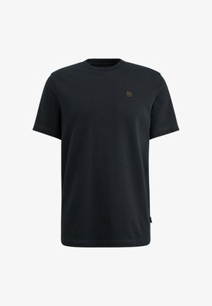 Schwarzes Baumwoll-T-Shirt mit kurzen Ärmeln, Rundhalsausschnitt und kleinem Markenpatch auf der Brust. Glatte Textur und Standardpassform.