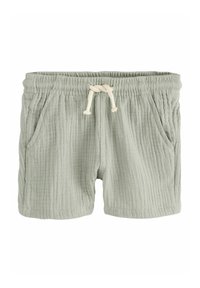 Lichtgroene katoenen shorts met een geribbelde textuur, elastische tailleband en trekkoord. Voorzien van twee zijzakken.