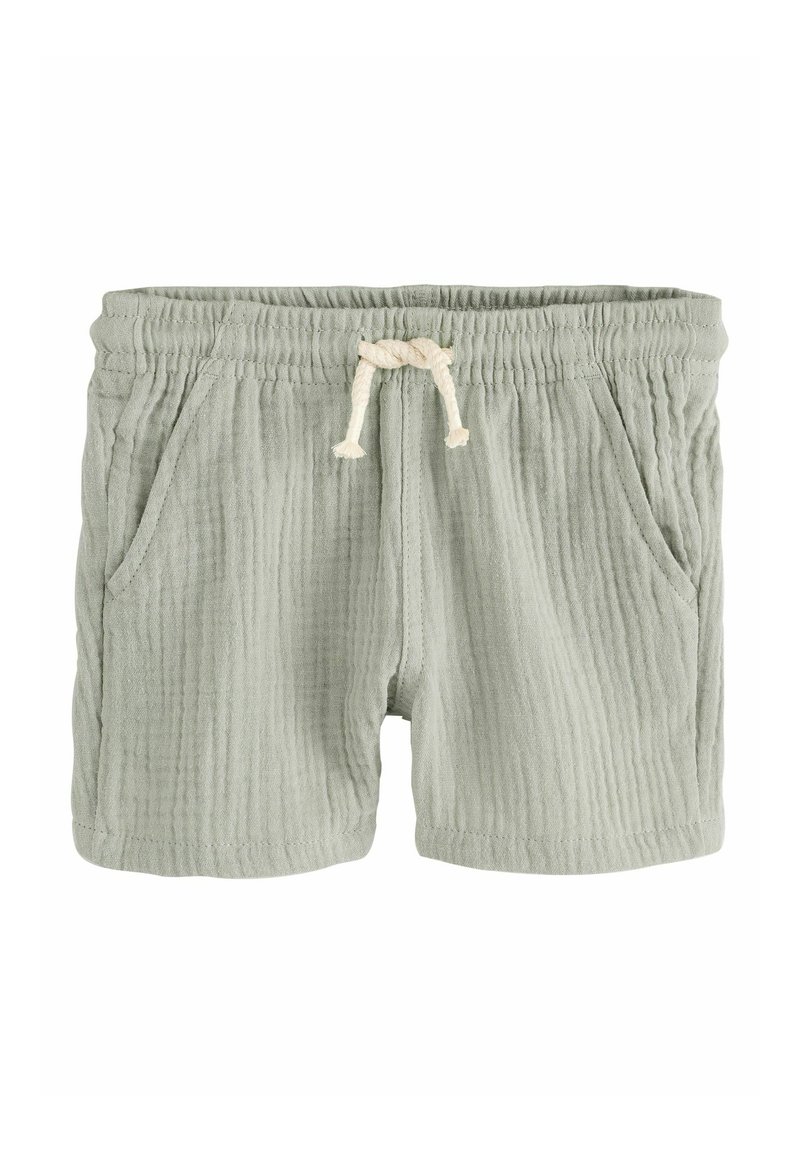 Lichtgroene katoenen shorts met een geribbelde textuur, elastische tailleband en trekkoord. Voorzien van twee zijzakken.