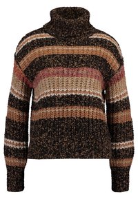 Pull en maille épaisse à col roulé avec des rayures horizontales noires, brunes, beiges, blanches et une touche de rose doux, présentant un motif texturé.