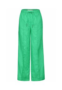 Green linen wide-leg trousers with an elastic waistband, drawstring closure, and a smooth texture. Features a relaxed fit for comfort.