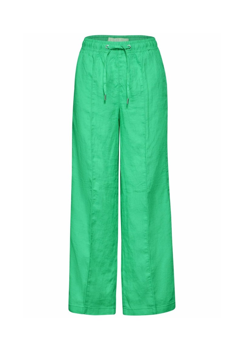 Green linen wide-leg trousers with an elastic waistband, drawstring closure, and a smooth texture. Features a relaxed fit for comfort.