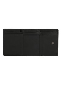 Zwarte leren portemonnee met een gestructureerd oppervlak, meerdere kaartsleuven en een drukknotsluiting. Slank ontwerp voor gemakkelijke toegang en organisatie.