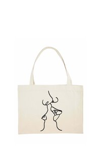 Borsa tote beige con un design minimalista in arte lineare nera che raffigura due volti astratti che si toccano con i nasi.